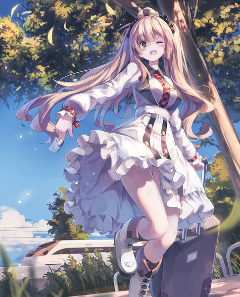 Anime picture 971x1200 with original huanxiang huifeng single long hair tall image looking at viewer open mouth blonde hair standing twintails holding brown eyes sky cloud (clouds) bent knee (knees) outdoors long sleeves one eye closed wink bare legs