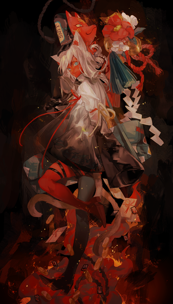Anime picture 1716x3000 with original cui (jidanhaidaitang) single long hair tall image looking at viewer highres blue eyes standing animal ears full body white hair tail animal tail cat ears cat tail black background standing on one leg red skin nekomata