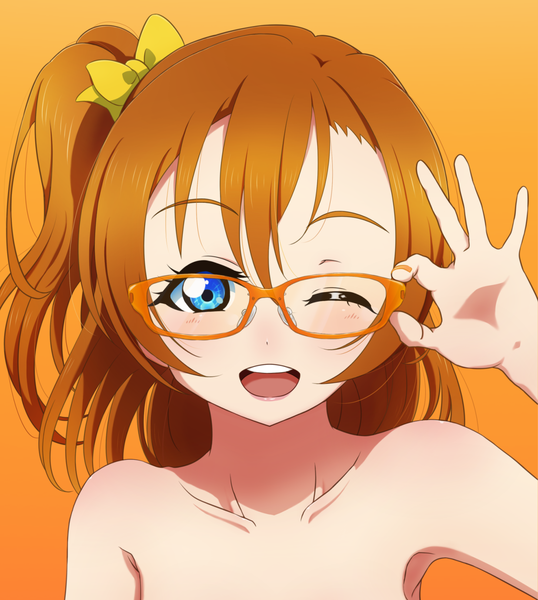 Anime picture 1237x1379 with love live! school idol project sunrise (studio) love live! kousaka honoka satolive20 single long hair tall image looking at viewer blush fringe open mouth blue eyes light erotic simple background smile hair between eyes nail polish one eye closed wink