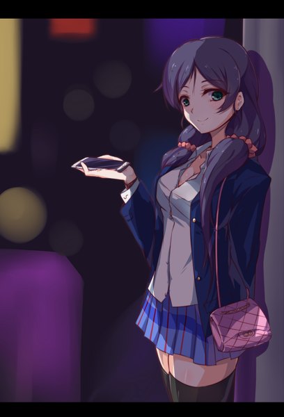 Anime picture 2387x3507 with love live! school idol project sunrise (studio) love live! toujou nozomi dedeyong single long hair tall image looking at viewer blush highres smile green eyes blue hair letterboxed girl thighhighs skirt uniform black thighhighs
