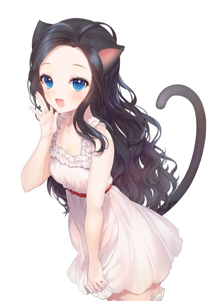 Anime picture 1544x2147 with original a20 (atsumaru) single long hair tall image looking at viewer blush fringe open mouth blue eyes black hair simple background smile standing white background animal ears tail :d animal tail arm up