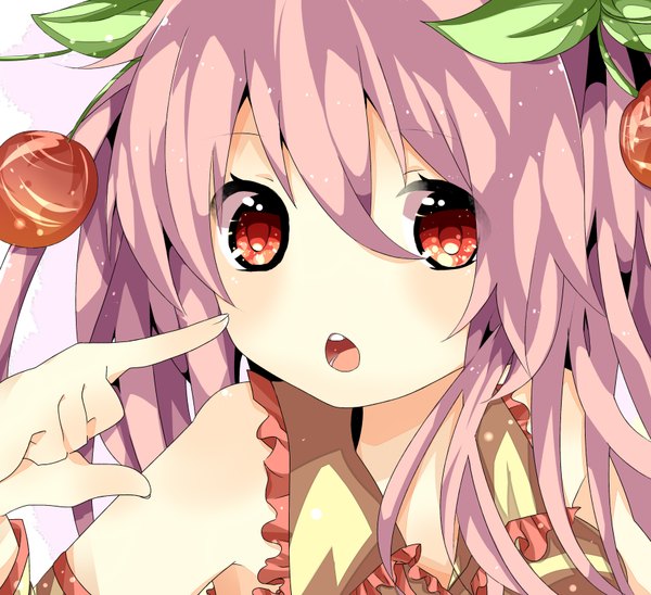 Anime picture 3500x3200 with vocaloid hatsune miku sakura miku tokiwa (io) single long hair looking at viewer blush fringe highres open mouth red eyes bare shoulders pink hair absurdres teeth girl food berry (berries) cherry