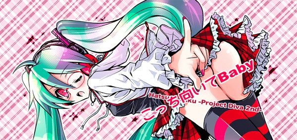 Anime picture 1000x474 with project diva 2nd vocaloid kocchi muite baby (vocaloid) hatsune miku tanimura marika single long hair blush open mouth light erotic red eyes wide image twintails ass nail polish one eye closed multicolored hair green hair wink two-tone hair