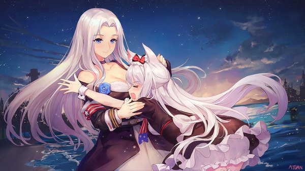 Anime picture 1920x1080 with azur lane hammann (azur lane) yorktown (azur lane) atdan long hair blush highres blue eyes smile wide image bare shoulders multiple girls animal ears sky cloud (clouds) white hair eyes closed beach evening sunset