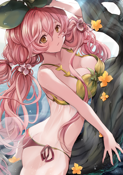 Anime picture 2618x3722 with granblue fantasy yggdrasil (granblue fantasy) hinahino single tall image looking at viewer blush fringe highres breasts light erotic hair between eyes large breasts twintails brown eyes pink hair cleavage outdoors ass very long hair