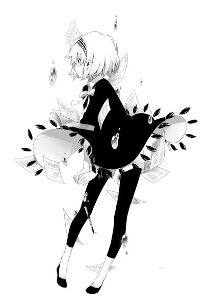 Anime picture 1100x1600 with vocaloid nisoku hokou (vocaloid) rella single tall image short hair simple background white background profile wind monochrome girl hairband book (books) paper leggings