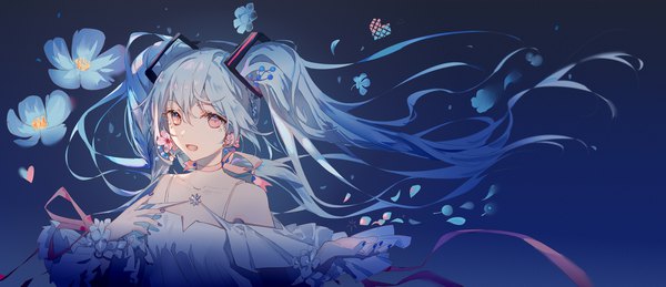 Anime picture 2000x865 with vocaloid hatsune miku fre single looking at viewer fringe highres open mouth smile hair between eyes wide image twintails bare shoulders payot blue hair upper body very long hair nail polish :d pink eyes