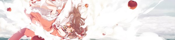 Anime picture 2494x579 with touhou hakurei reimu ke-ta single long hair looking at viewer brown hair wide image cloud (clouds) ponytail traditional clothes barefoot miko falling girl skirt bow hair bow detached sleeves skirt set