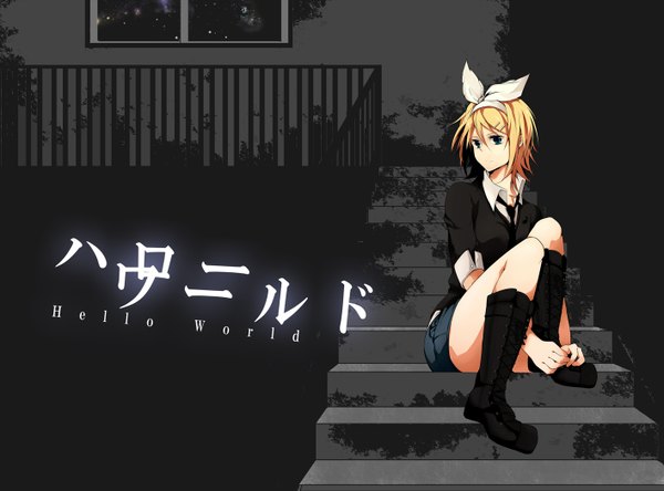 Anime picture 1416x1049 with vocaloid kagamine rin hatsuko short hair blonde hair sitting green eyes girl bow hair bow necktie boots stairs