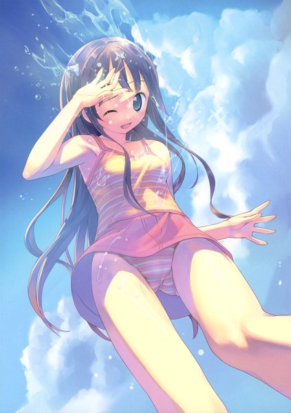 Anime picture 2494x3534 with original takoyaki (roast) long hair tall image blush highres blue eyes light erotic brown hair cloud (clouds) one eye closed wink girl swimsuit