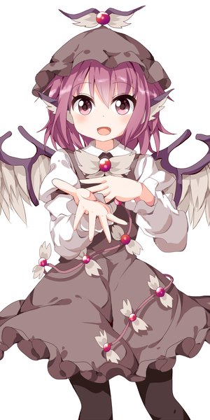 Anime picture 600x1200 with touhou mystia lorelei ruu (tksymkw) single tall image looking at viewer blush fringe short hair open mouth simple background white background purple eyes animal ears purple hair outstretched hand girl dress pantyhose wings