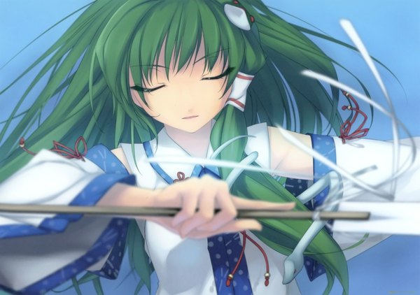 Anime picture 2000x1409 with touhou kochiya sanae rokuwata tomoe single long hair highres simple background eyes closed green hair girl detached sleeves animal hair tubes snake frog