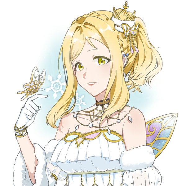 Anime picture 1240x1240 with love live! sunshine!! sunrise (studio) love live! ohara mari chanzgi07 single long hair looking at viewer blush fringe breasts simple background blonde hair white background bare shoulders yellow eyes payot upper body ponytail braid (braids)