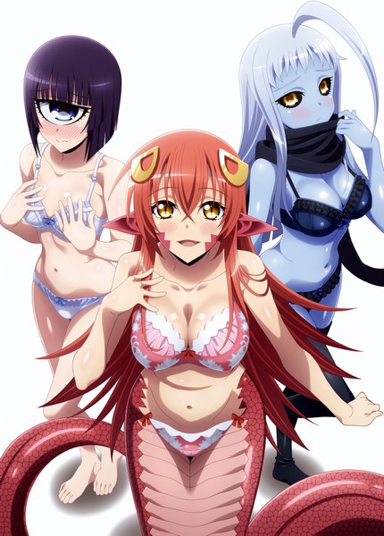 Anime picture 1130x1578 with monster musume no iru nichijou miia (monster musume) manako lala (monster musume) tall image blush breasts open mouth blue eyes light erotic black hair white background multiple girls yellow eyes silver hair ahoge red hair pointy ears underwear only monster girl