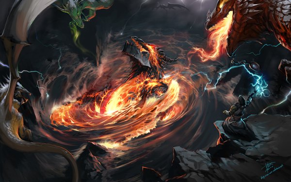 Anime picture 1843x1152 with world of warcraft blizzard entertainment alexstrasza deathwing thrall (wow) highres wide image from behind magic lightning boy wings fire dragon