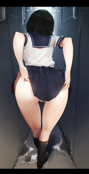 Anime picture 2027x3920 with original hayabusa single tall image highres short hair light erotic black hair standing full body ass outdoors pleated skirt from behind short sleeves leaning leaning forward thighs thigh gap letterboxed