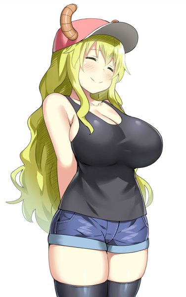 Anime picture 753x1200 with kobayashi-san chi no maidragon kyoto animation lucoa (maidragon) quetzalcoatl (maidragon) sky-freedom single long hair tall image blush breasts light erotic simple background blonde hair smile standing white background cleavage eyes closed horn (horns) zettai ryouiki