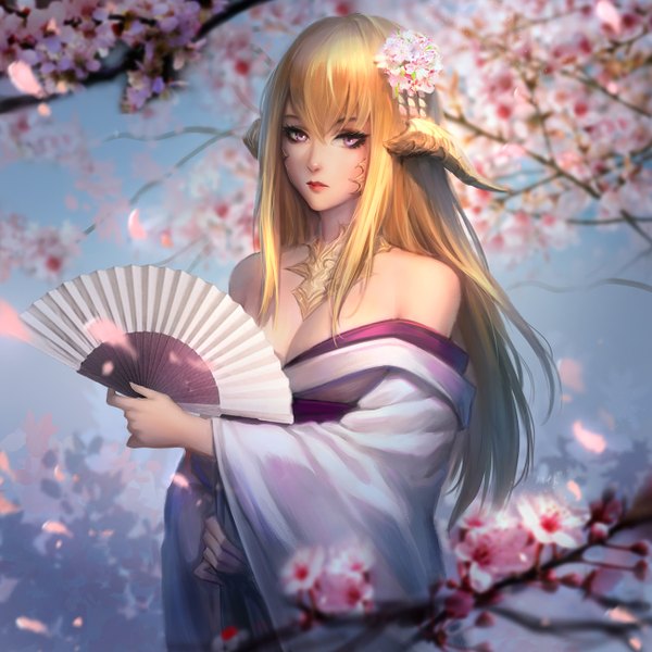 Anime picture 1300x1300 with final fantasy final fantasy xiv square enix au ra chaosringen single long hair looking at viewer fringe breasts light erotic blonde hair hair between eyes large breasts standing bare shoulders holding payot cleavage traditional clothes