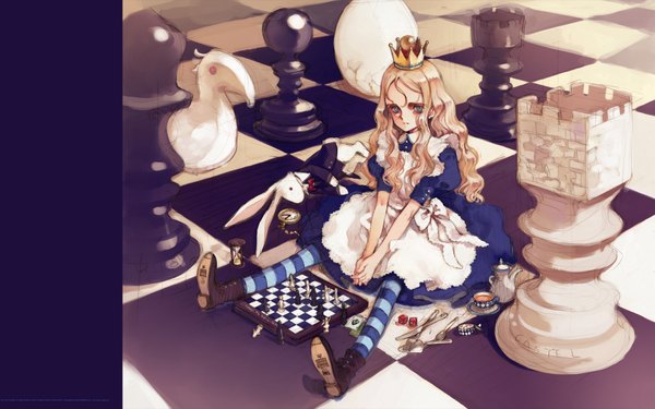 Anime picture 1920x1200 with alice in wonderland quartett! littlewitch white rabbit charlotte francia oyari ashito single long hair highres blue eyes blonde hair wide image wavy hair checkered floor cosplay floor game alice (wonderland) (cosplay) girl boots