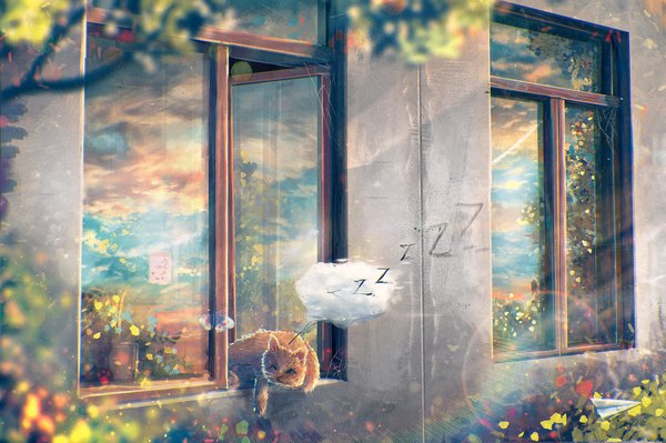 Anime picture 2000x1333 with sylar113 highres sky cloud (clouds) outdoors lying sunlight reflection sleeping no people sunbeam plant (plants) animal tree (trees) window leaf (leaves) cat mustache paper airplane
