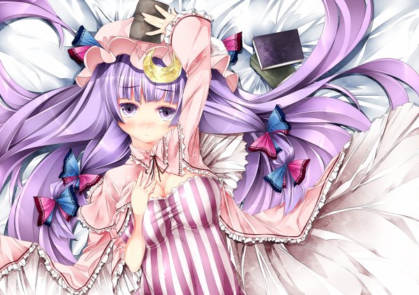 Anime picture 1200x844 with touhou patchouli knowledge sugiyuu long hair looking at viewer purple eyes purple hair crescent girl dress bow hair bow book (books) bonnet