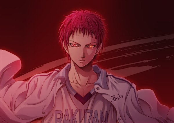 Anime picture 1200x850 with kuroko no basket production i.g akashi seijuurou shian (my lonly life.) single looking at viewer fringe short hair simple background red eyes yellow eyes red hair inscription open clothes open jacket red background boy uniform jacket gym uniform