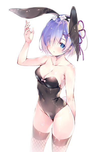 Anime picture 1300x1772 with re:zero kara hajimeru isekai seikatsu white fox rem (re:zero) miwabe sakura single tall image looking at viewer blush fringe short hair breasts blue eyes light erotic simple background standing white background bare shoulders animal ears blue hair cleavage