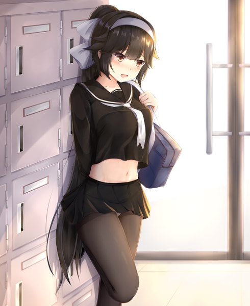 Anime picture 2189x2679 with azur lane takao (azur lane) takao (academy romantica) (azur lane) mctom single tall image blush fringe highres open mouth light erotic black hair standing brown eyes looking away bent knee (knees) ponytail indoors very long hair pleated skirt