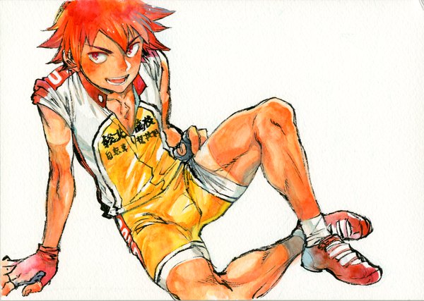 Anime picture 1000x713 with yowamushi pedal naruko shoukichi asami you single looking at viewer short hair open mouth simple background red eyes sitting red hair from above traditional media tan tan lines sleeves pushed up boy gloves uniform shorts