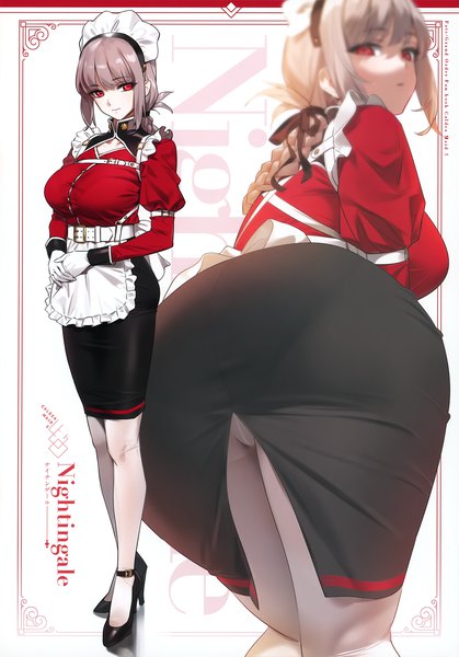 Anime picture 2516x3600 with fate (series) fate/grand order florence nightingale (fate) yd (orange maru) long hair tall image looking at viewer fringe highres breasts light erotic simple background red eyes large breasts standing white background payot full body ass blunt bangs