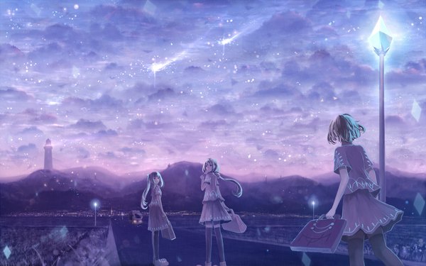 Anime picture 1936x1210 with original bounin long hair fringe highres short hair standing multiple girls holding sky cloud (clouds) back city mountain glow city lights running shooting star girl swimsuit