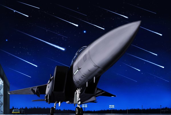 Anime picture 2000x1350 with ace combat thompson highres signed night night sky landscape meteor rain weapon airplane jet f-15e
