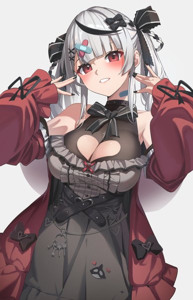 Anime picture 1735x2689 with virtual youtuber hololive sakamata chloe sakamata chloe (jirai kei) reulem single long hair tall image looking at viewer fringe highres breasts light erotic simple background red eyes large breasts twintails cleavage silver hair blunt bangs