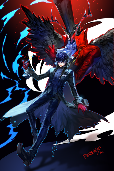 Anime picture 1100x1646 with persona 5 persona amamiya ren arsene (persona 5) eu (euspia) tall image looking at viewer short hair signed blue hair full body copyright name black wings silver eyes boy gloves wings cloak mask red gloves