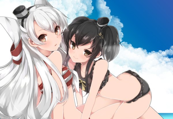 Anime picture 1061x730 with kantai collection amatsukaze destroyer tokitsukaze destroyer takeshima eku long hair looking at viewer blush open mouth light erotic black hair smile twintails multiple girls brown eyes sky cloud (clouds) looking back two side up girl hair ornament