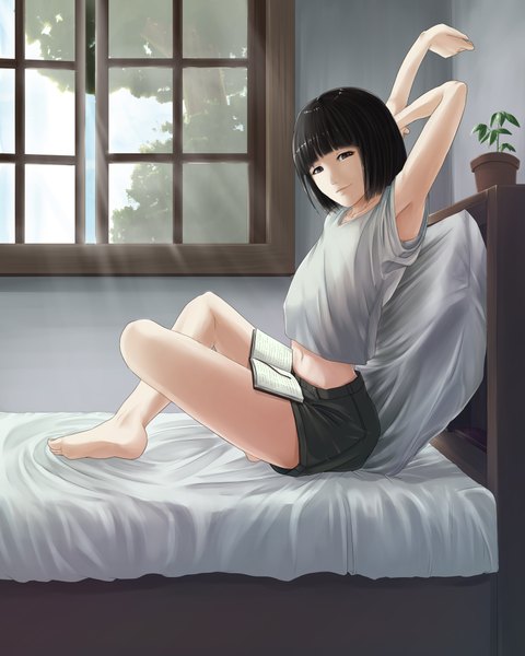 Anime picture 1600x2000 with original fuka kurage single tall image fringe short hair black hair smile sitting bare shoulders brown eyes bent knee (knees) indoors barefoot sunlight arms up bare belly bare legs no shoes crossed legs