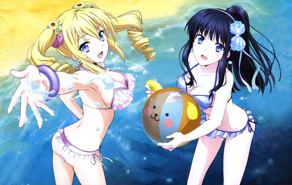 Anime picture 6466x4104 with mahouka koukou no rettousei shiba miyuki angelina kudou shields ishii kaori long hair looking at viewer highres breasts open mouth blue eyes light erotic blonde hair twintails multiple girls payot blue hair absurdres ponytail :d hair flower