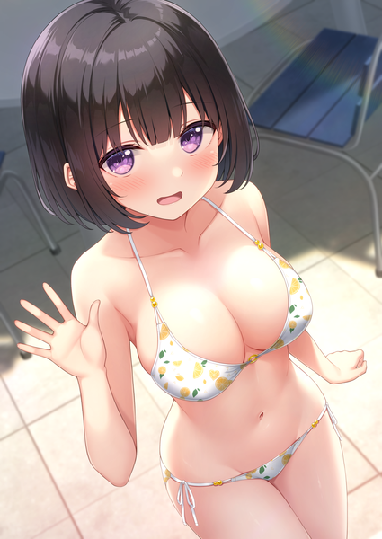 Anime picture 2508x3541 with original inoue yurina karutamo single tall image looking at viewer blush fringe highres short hair breasts open mouth light erotic black hair large breasts standing purple eyes cleavage outdoors arm up