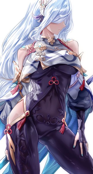 Anime picture 923x1720 with genshin impact shenhe (genshin impact) uenoryoma single long hair tall image fringe breasts light erotic simple background large breasts standing white background silver hair nail polish profile hair over one eye puffy sleeves covered navel girl