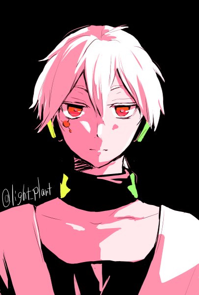 Anime picture 811x1200 with kagerou project shaft (studio) konoha (kagerou project) tomozero single tall image looking at viewer fringe short hair simple background hair between eyes red eyes signed ahoge white hair facial mark black background portrait albino boy