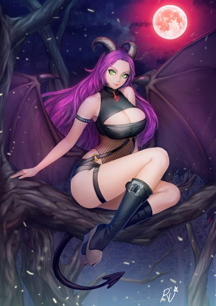 Anime picture 2480x3508 with original w ruwaki single long hair tall image looking at viewer fringe highres breasts light erotic smile large breasts sitting green eyes signed sky purple hair cloud (clouds) full body outdoors