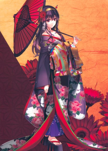 Anime picture 2708x3800 with saenai heroine no sodatekata a-1 pictures kasumigaoka utaha misaki kurehito single long hair tall image looking at viewer highres red eyes purple hair traditional clothes japanese clothes hair flower scan seigaiha girl flower (flowers) hairband kimono