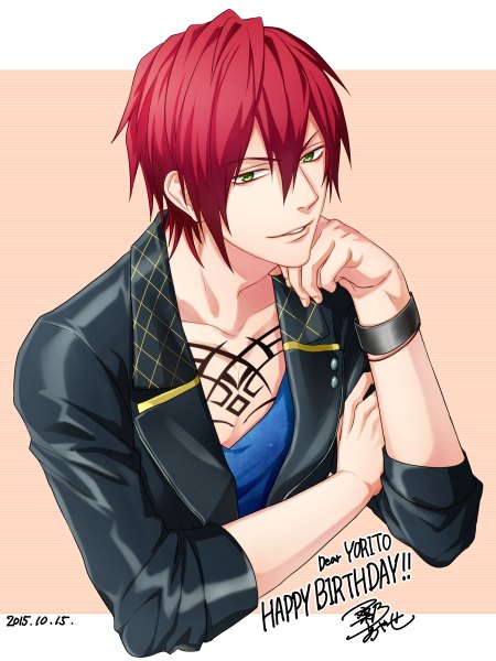 Anime picture 900x1200 with dynamic chord kisaka yorito kuwa ayase single tall image fringe short hair simple background hair between eyes green eyes signed upper body red hair from above open jacket tattoo dated happy birthday boy jacket