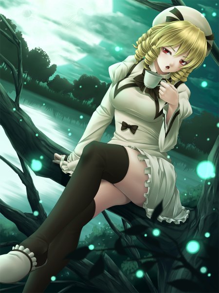 Anime picture 900x1200 with touhou luna child mochi.f single tall image short hair open mouth blonde hair red eyes crossed legs drill hair girl thighhighs black thighhighs plant (plants) hat tree (trees) moon branch cup