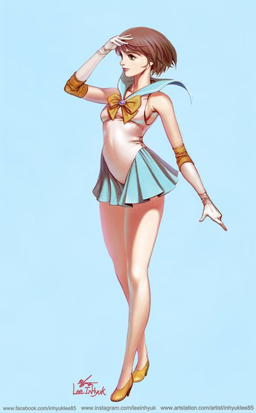 Anime picture 900x1450 with bishoujo senshi sailor moon original toei animation in-hyuk lee single tall image fringe short hair simple background brown hair standing bare shoulders brown eyes signed looking away full body bare legs blue background cosplay sailor collar