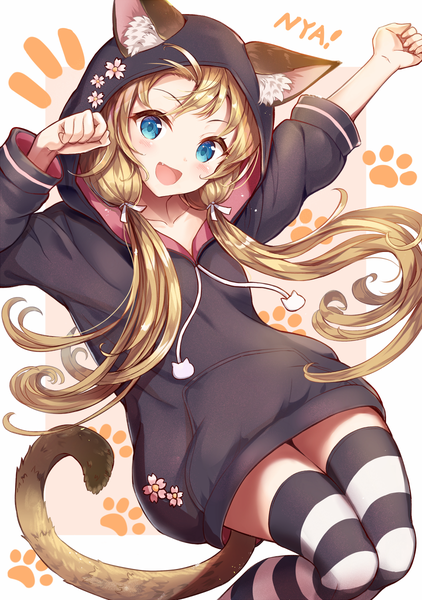 Anime picture 844x1200 with original sakura ani single long hair tall image looking at viewer blush fringe open mouth blue eyes blonde hair simple background twintails animal ears tail :d animal tail cat ears cat girl cat tail