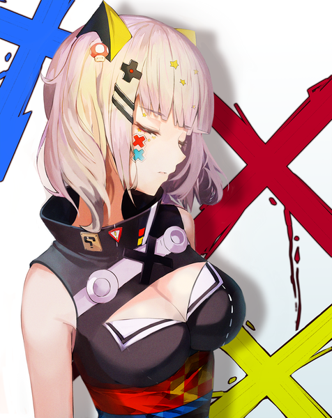 Anime picture 1200x1511 with virtual youtuber the moon studio kaguya luna crying eye single tall image fringe short hair breasts simple background twintails cleavage silver hair upper body blunt bangs eyes closed head tilt shadow sleeveless facial mark