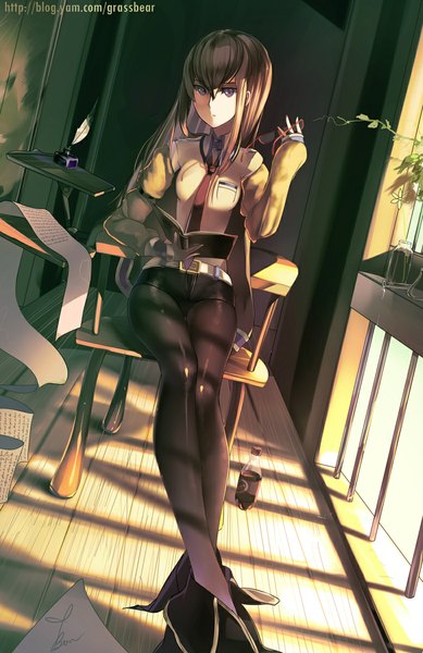 Anime picture 777x1198 with steins;gate white fox makise kurisu cao xiong (tlb12121) single long hair tall image looking at viewer blush brown hair sitting purple eyes sunlight open clothes open jacket reading holding eyewear girl plant (plants) pantyhose