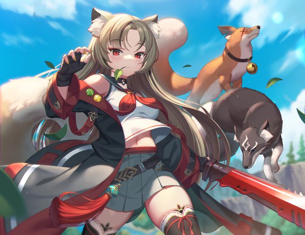 Anime picture 3758x2894 with original nolan single long hair looking at viewer blush fringe highres red eyes brown hair standing holding animal ears absurdres sky cloud (clouds) outdoors tail animal tail pleated skirt