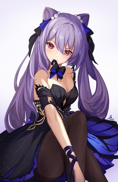Anime picture 2321x3570 with genshin impact keqing (genshin impact) keqing (opulent splendor) (genshin impact) alpakane single long hair tall image looking at viewer blush fringe highres breasts simple background hair between eyes white background sitting purple eyes twintails bare shoulders holding